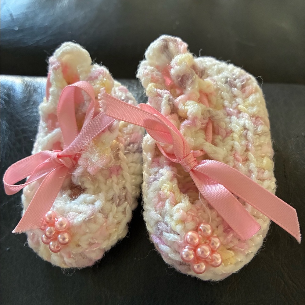 Handmade Knit Doll Booties with Pink Ribbon and Pearl Accents